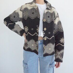 Vintage Coldwater Creek Black Cream Snowflake Nordic Fair Isle Tapestry Jacket L